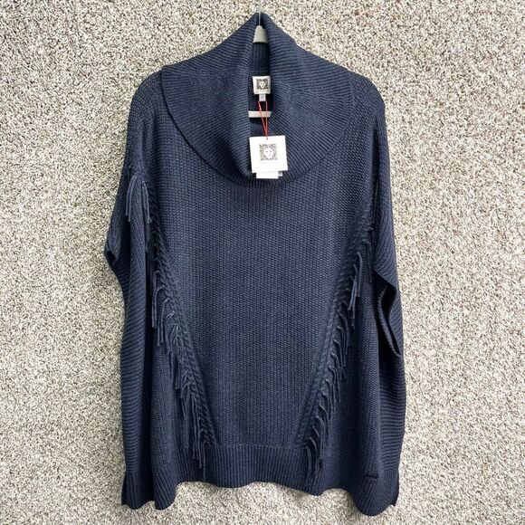 Anne Klein Sweater Women’s L/XL Dark Blue Knit Pullover Poncho Fringe NWT - Picture 2 of 9
